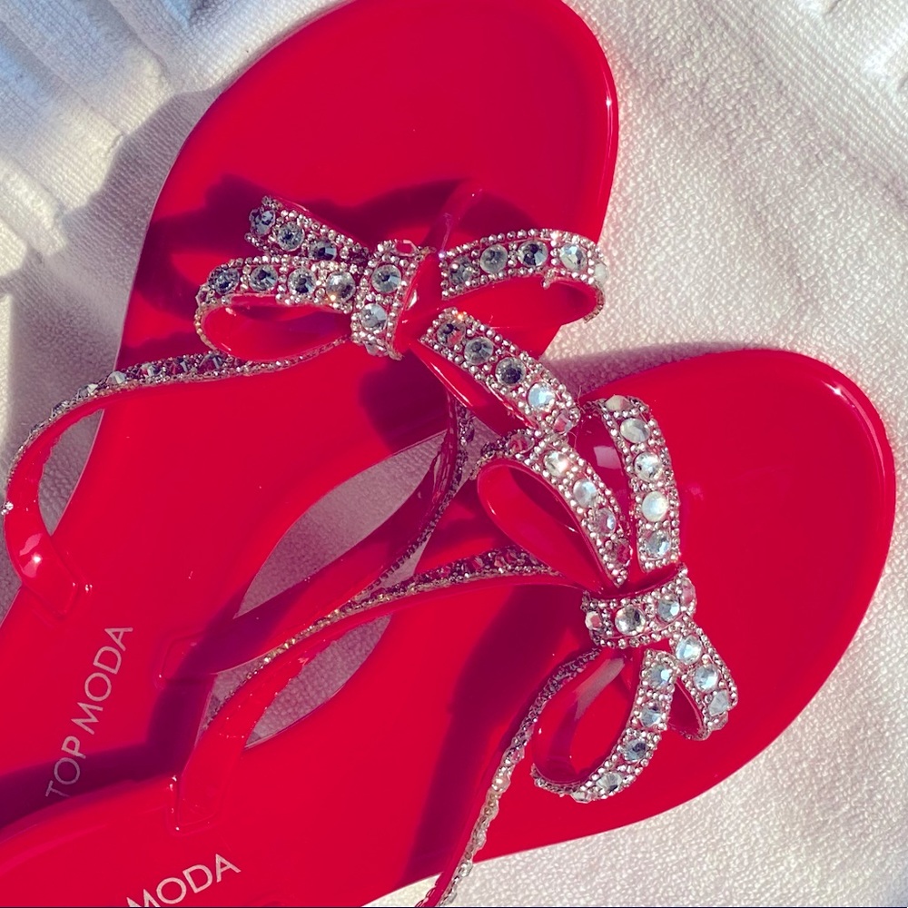 SZ 8 NWT RED RHINESTONE JELLY TOP MODA SANDAL BOW BLING - Picture 7 of 7